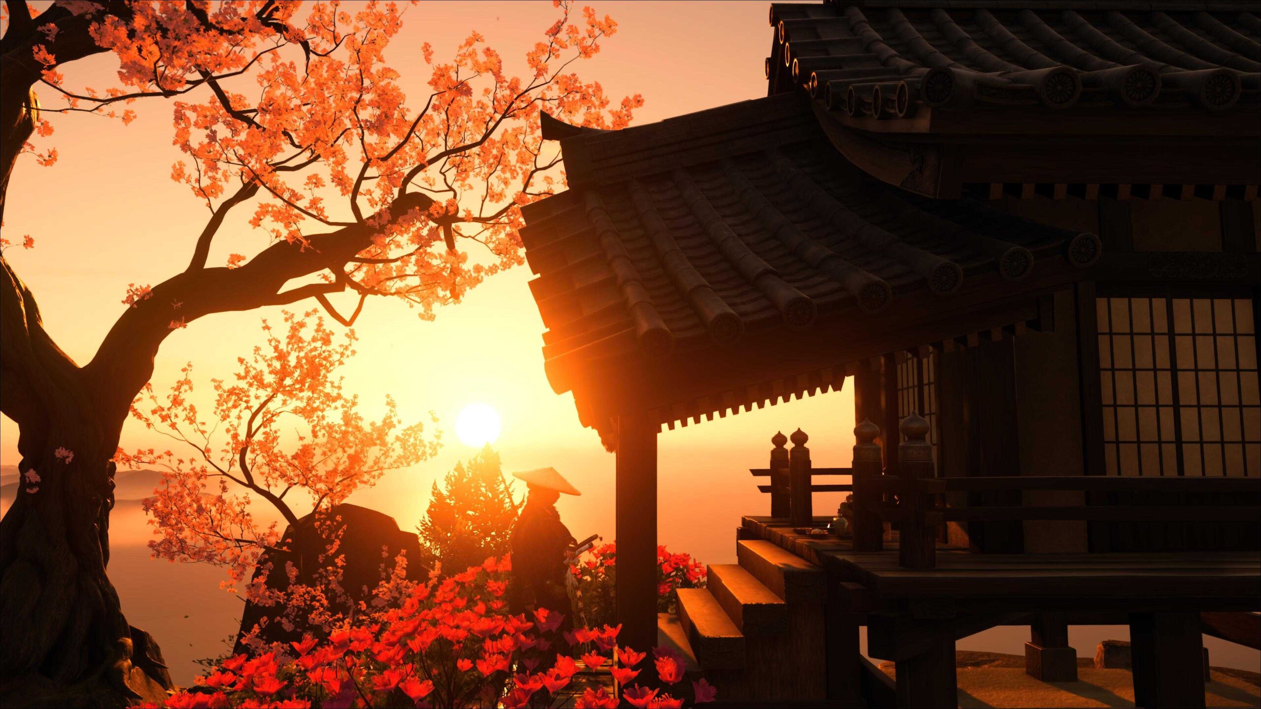 Ацу стоит среди цветов и под цветущим деревом, глядя на храм. Сцена контрастирует из-за сильного бокового освещения от солнца.
