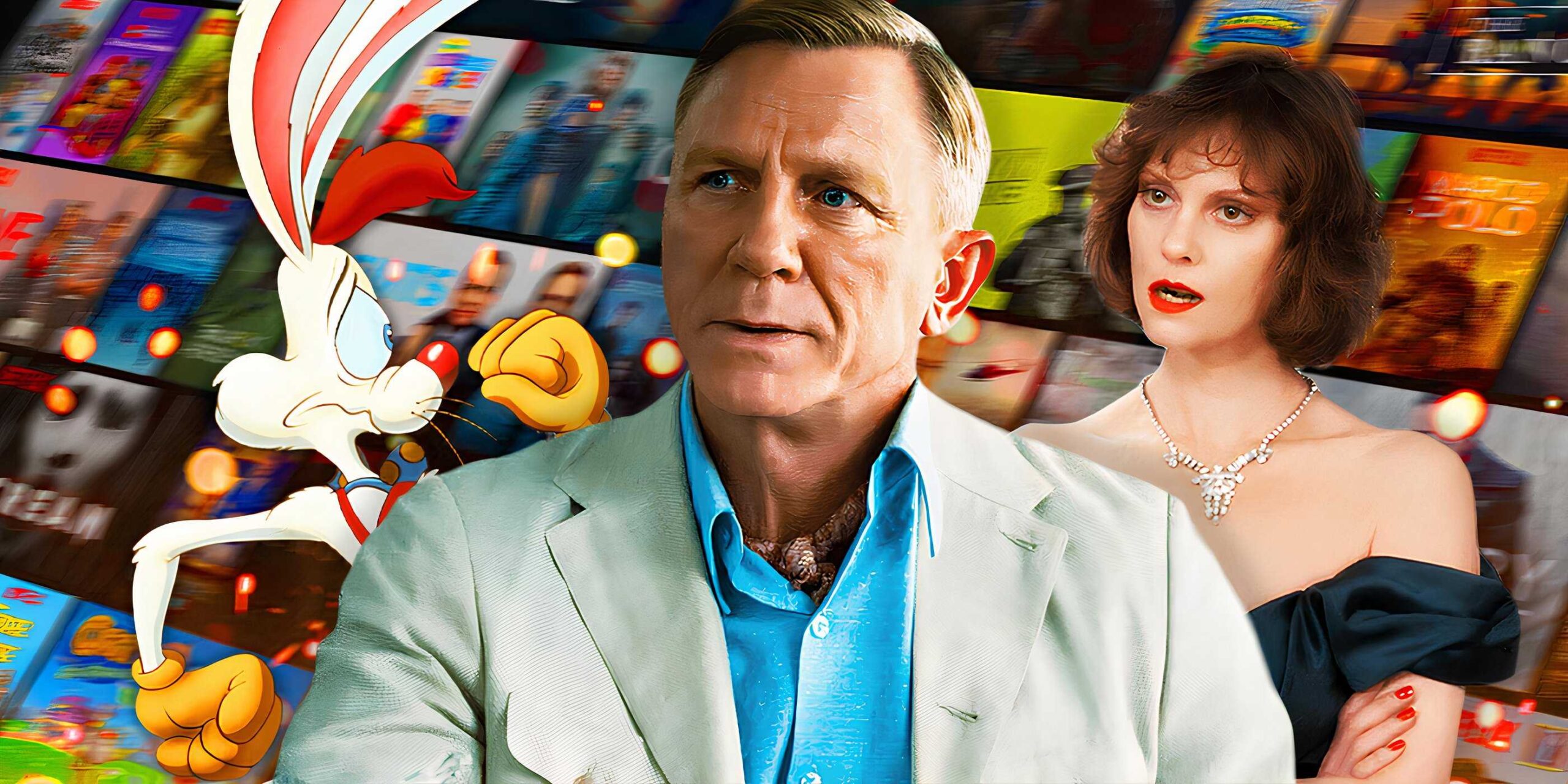 Бенуа Блан из "Knives Out", сыгранный Дэниелом Крейгом, Роджер из "Who Framed Roger Rabbit", и Мисс Скарлет из "Clue", сыгранная Лесли Энн Уоррен