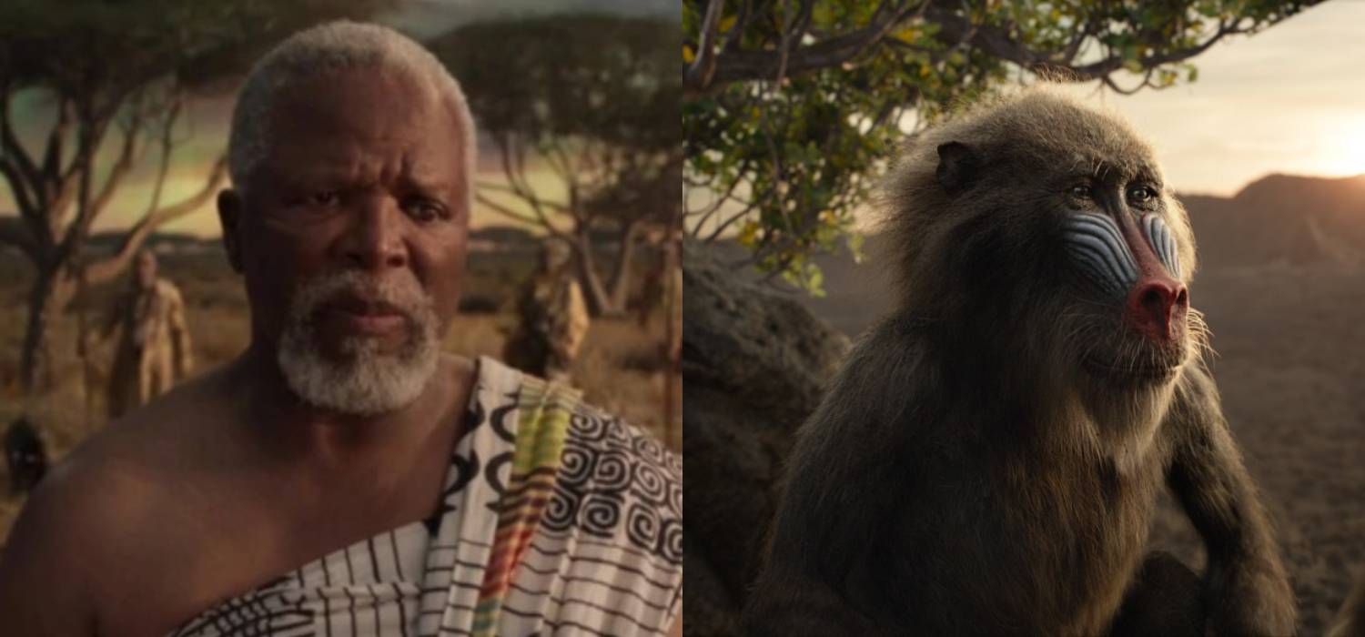 Разделенное изображение Джона Кани в *Черной пантере* и Рафики, смотрящего на окружающую среду в *Король Лев*