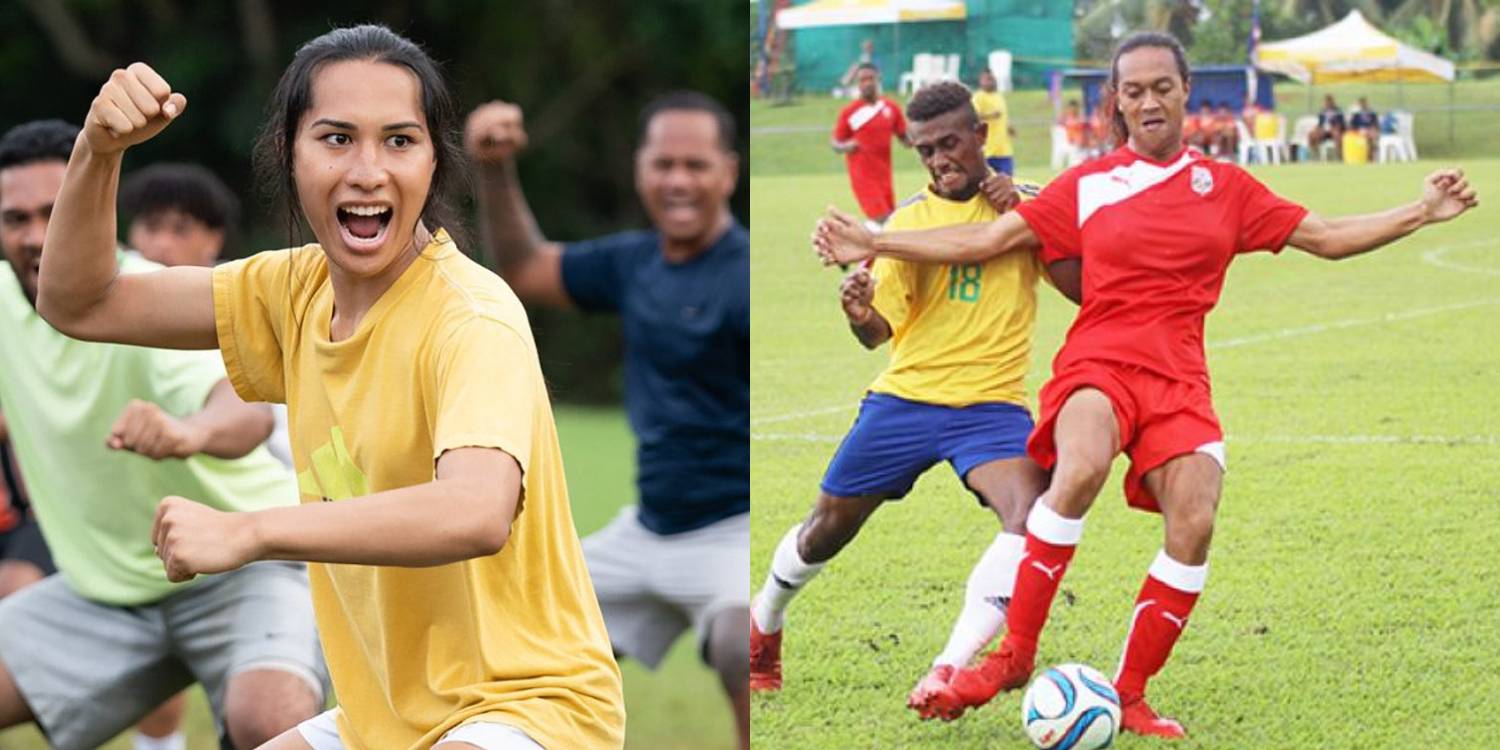 Разделенное изображение Кайманы в фильме "Next Goal Wins" и Яйя, играющего в футбол против Бразилии