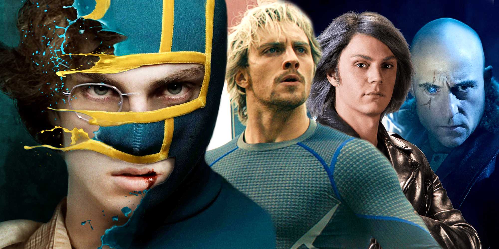 Эйрон-Тейлор Джонсон, Эван Петрс и Марк Стронг в Kick-Ass, MCU и DCEU