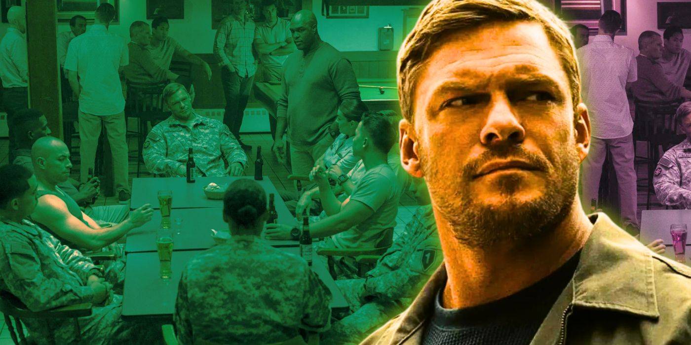 Эл Ритчсон серьезно смотрит на роль Джека Рэчера, за ним - воспоминание о военной службе из 2-го сезона сериала "Рэчер"