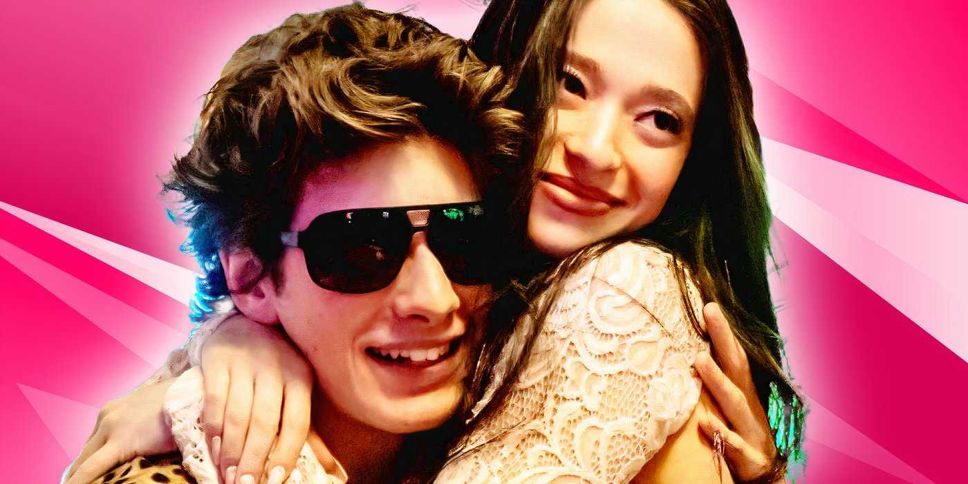 Отредактированное изображение Аноры и Ивана в фильме «Анора» с розовым фоном.