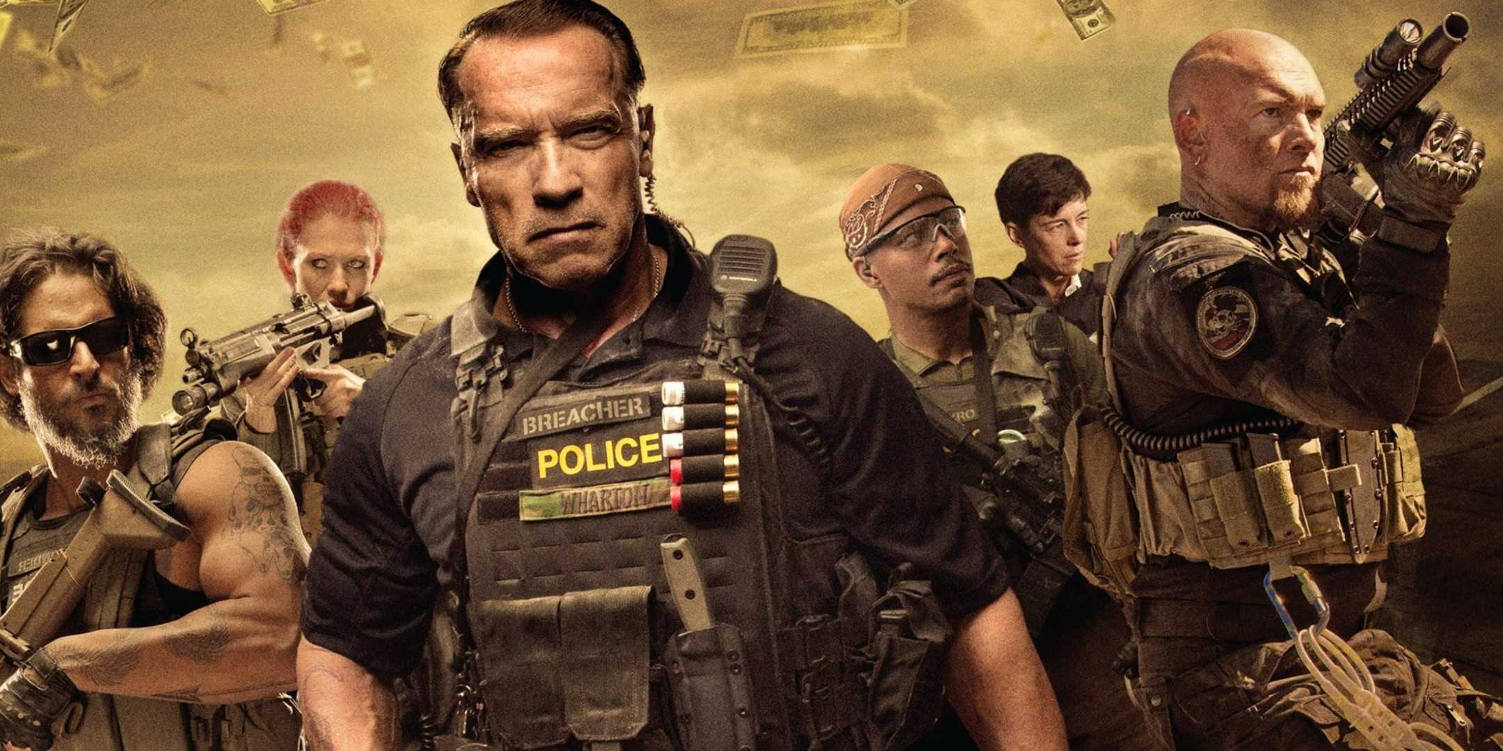 Арнольд Шварценеггер в роли Бречера вместе с актерами фильма "Sabotage" на постера фильма