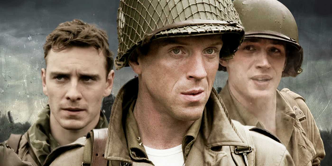 Актеры сериала «Band of Brothers»: Майкл Фассбендер в роли сержанта Бертона «Пэт» Кристонсона, Дамиан Льюис в роли майора Ричарда Д. Уинтерса и Том Харди в роли рядового Джона Яновца