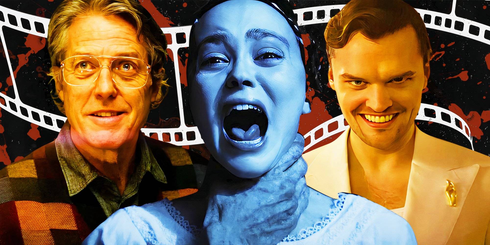 Смешанное изображение кадров из фильмов "Heretic", "Nosferatu 2024" и "Smile 2" поверх фонового изображения катушки с пленкой