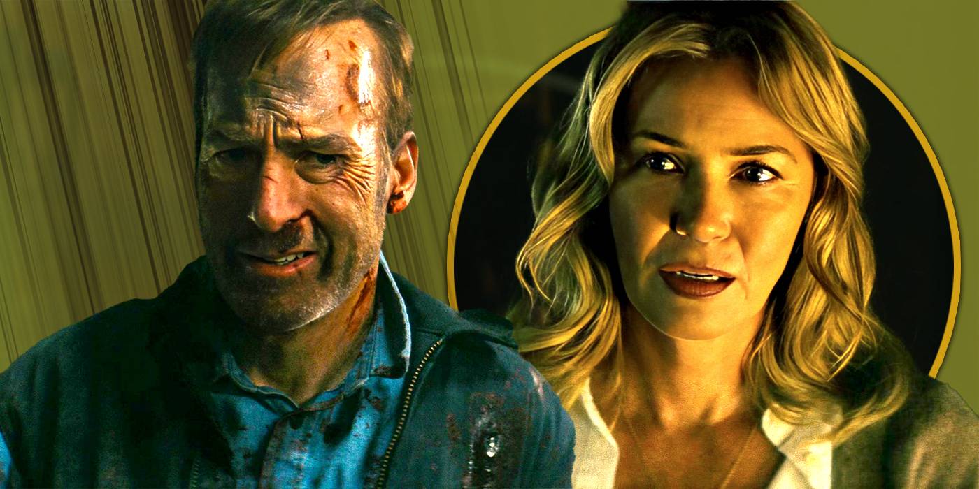 Боб Оденкирк в роли Хут, выглядящий уставшим, и Конни Нильсен в роли Бекки, выглядящей обеспокоенной на зеленом фоне в эксклюзивном заголовке Nobody