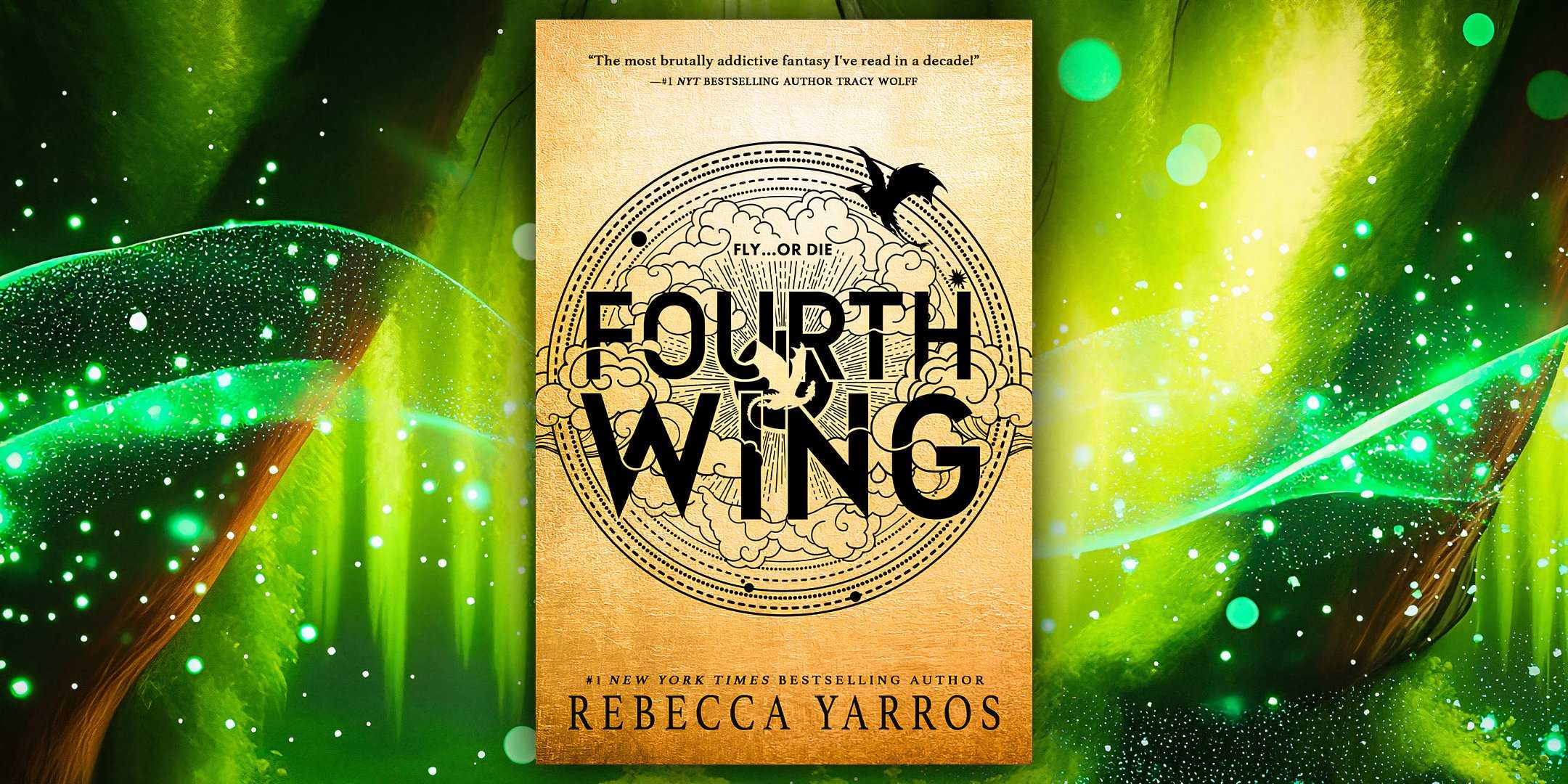 Обложка книги Fourth Wing с ярким зеленым, светлым фоном.