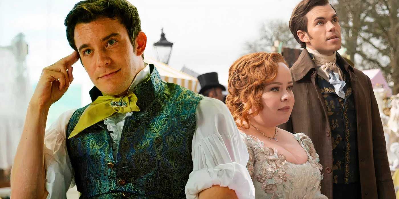 Композитное изображение, на котором Бенедикт Бриджертон с усмешкой смотрит на Пенеллопу и Колина, стоящих рядом на заднем плане, из сериала "Бриджертон"
