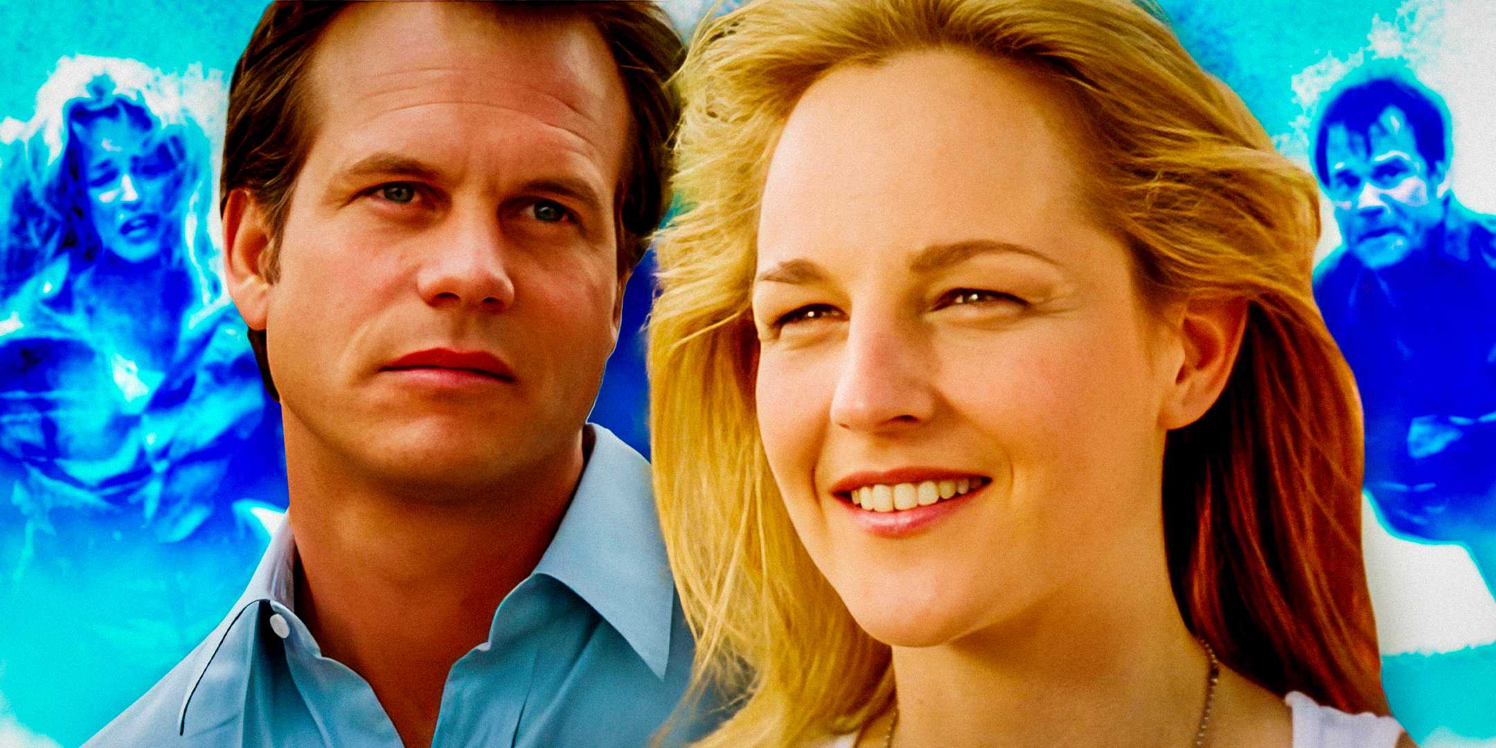 Оригинальное изображение актеров из "Twister" – Холли Хант и Билл Паксон, рядом с изображениями из фильма на синем фоне