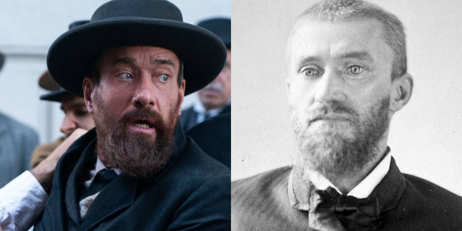 Чарльз Гутеу в фильме "Death by Lightning" рядом с фотографией настоящего убийцы