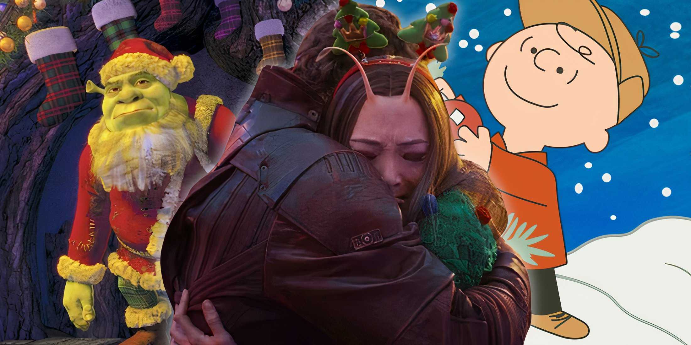 Питер Квилл и Мантис обнимаются рядом с изображениями Шрека и Чарли Брауна из рождественских короткометражек