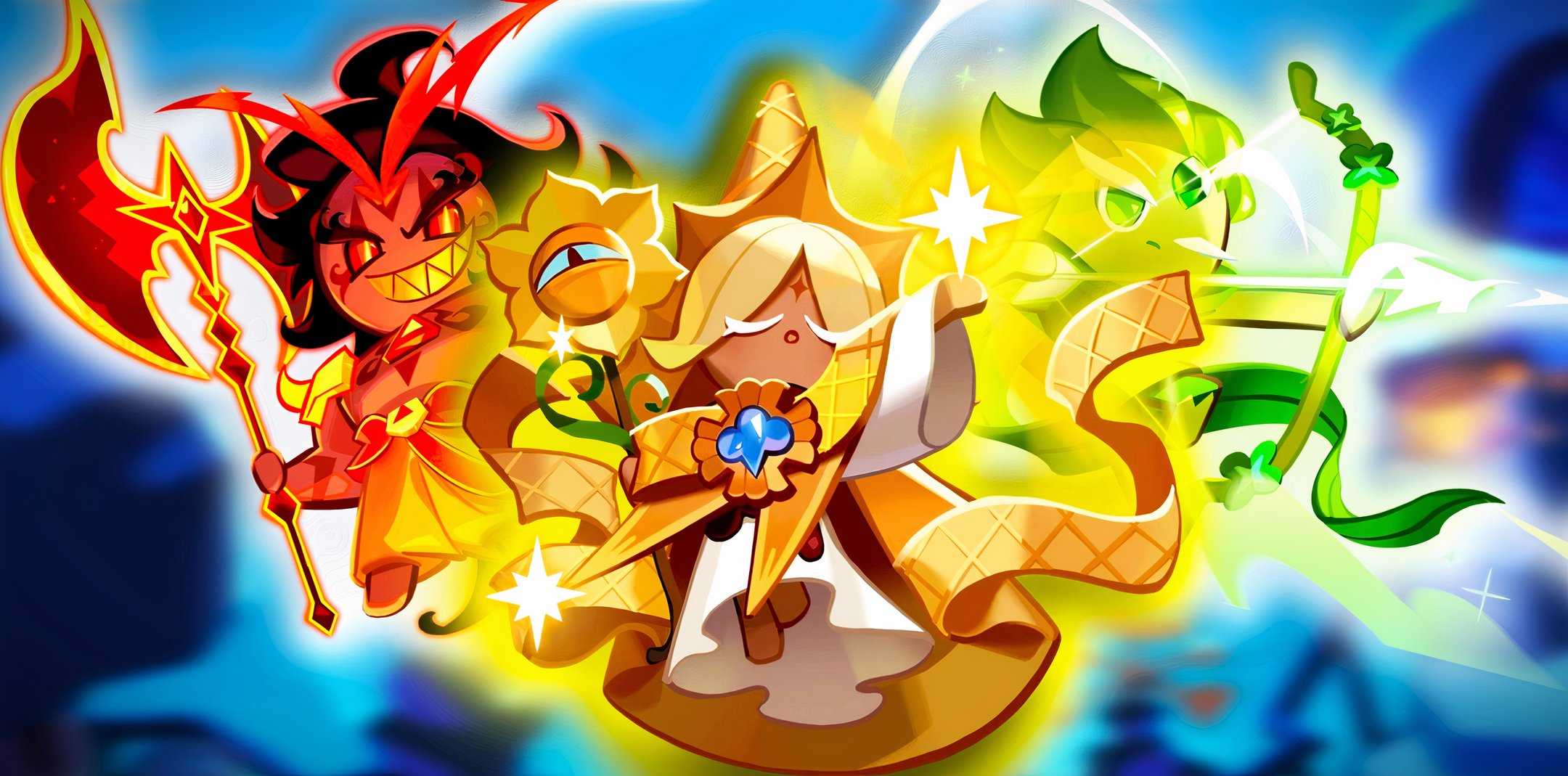 Pure Vanilla Cookie, Wind Archer Cookie и Burning Spice Cookie из Cookie Run Kingdom