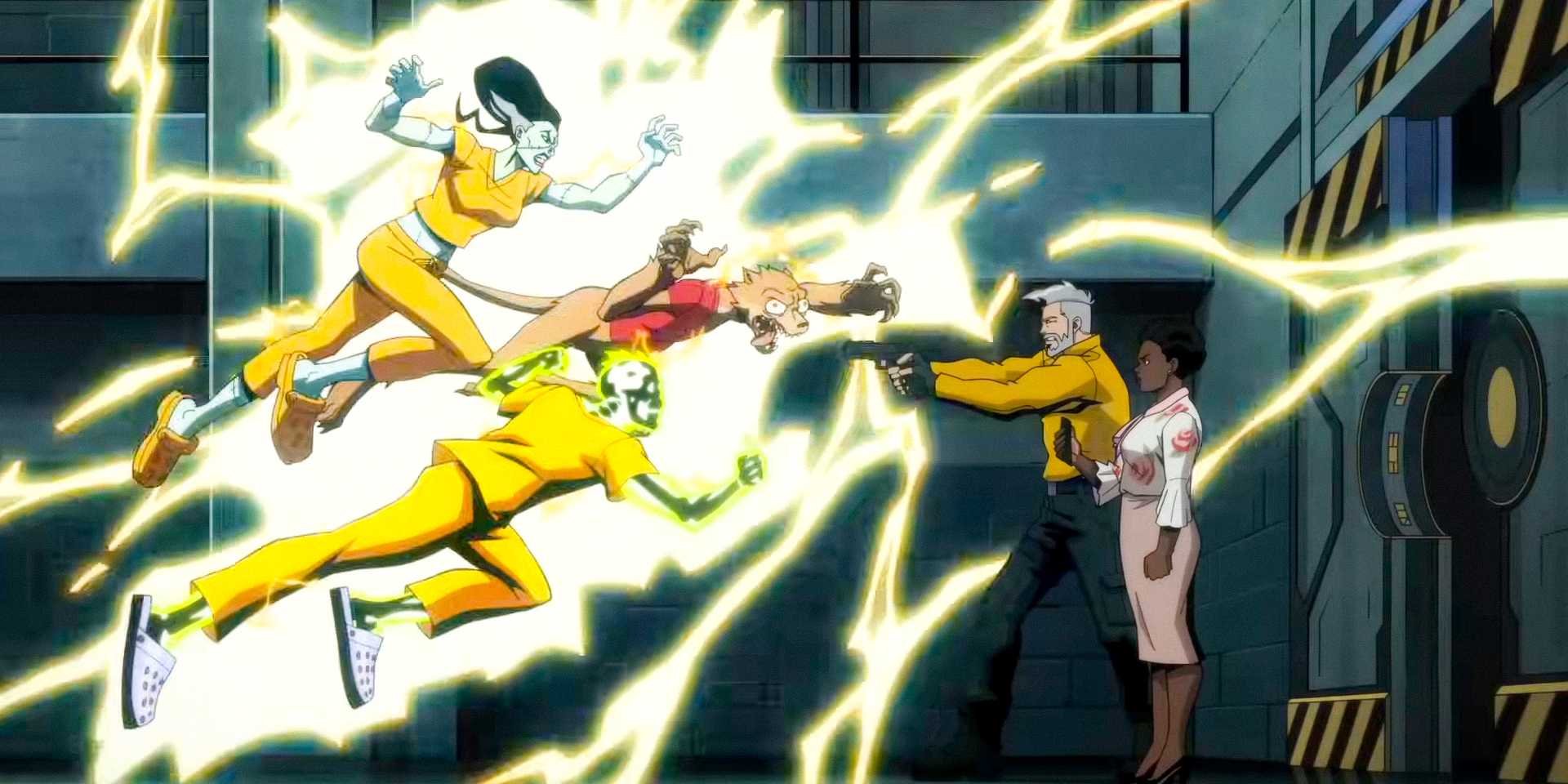 Рик Флаг Сёньр стреляет своей электрошоковой пушкой в Брид, Доктора Фосфор и Мышь в Официальном тизерном трейлере Creature Commandos (2024)