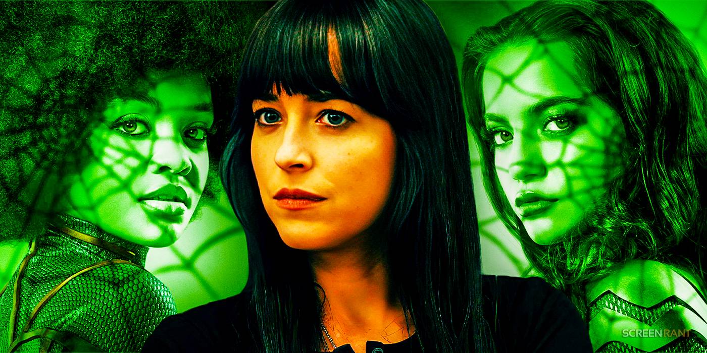 Кассандра Веб (Дакта Джонсон) в составе с Целестой О'Коннор в роли Мэтти Фрэнклин и Изабелой Мерсед в роли Ани Корэзон. Постеры персонажей для "Мэдам Веб"