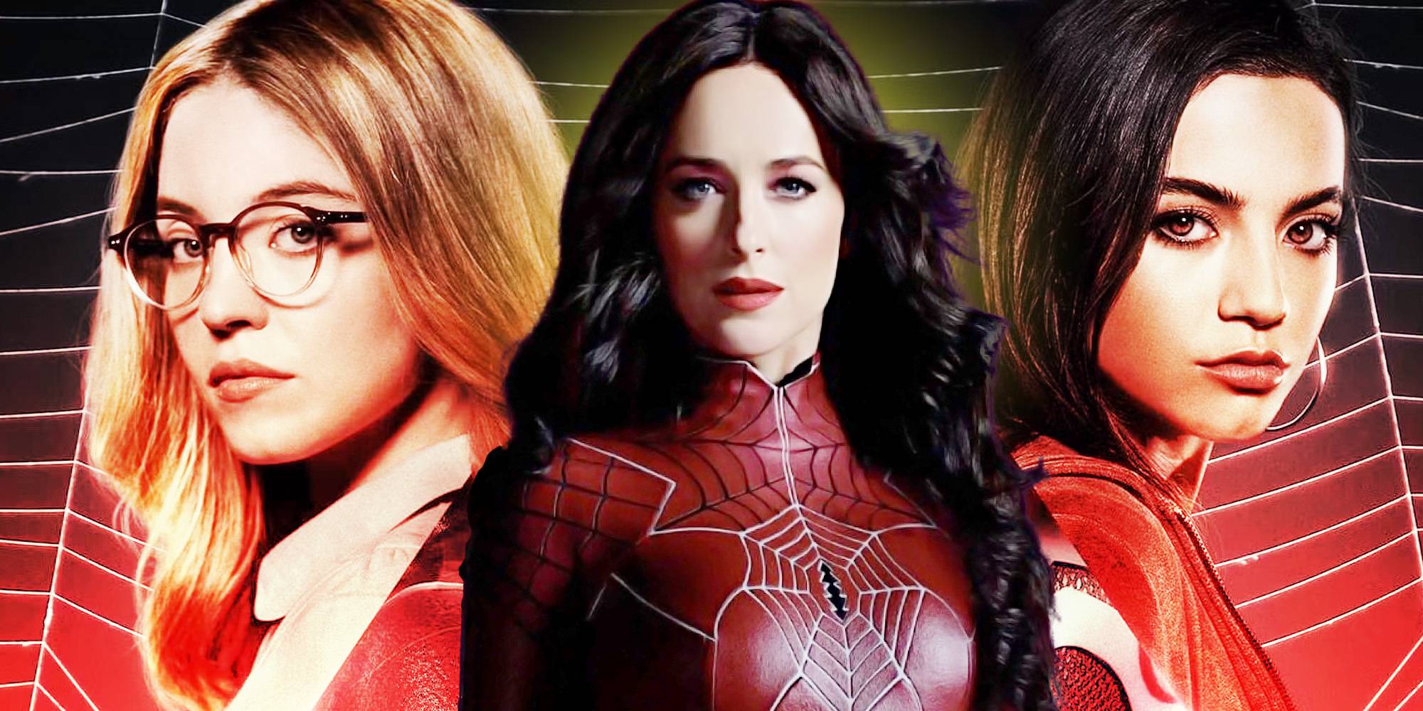 Разделенное изображение Dakota Johnson, Sydney Sweeney, Isabela Merced из Madame Web