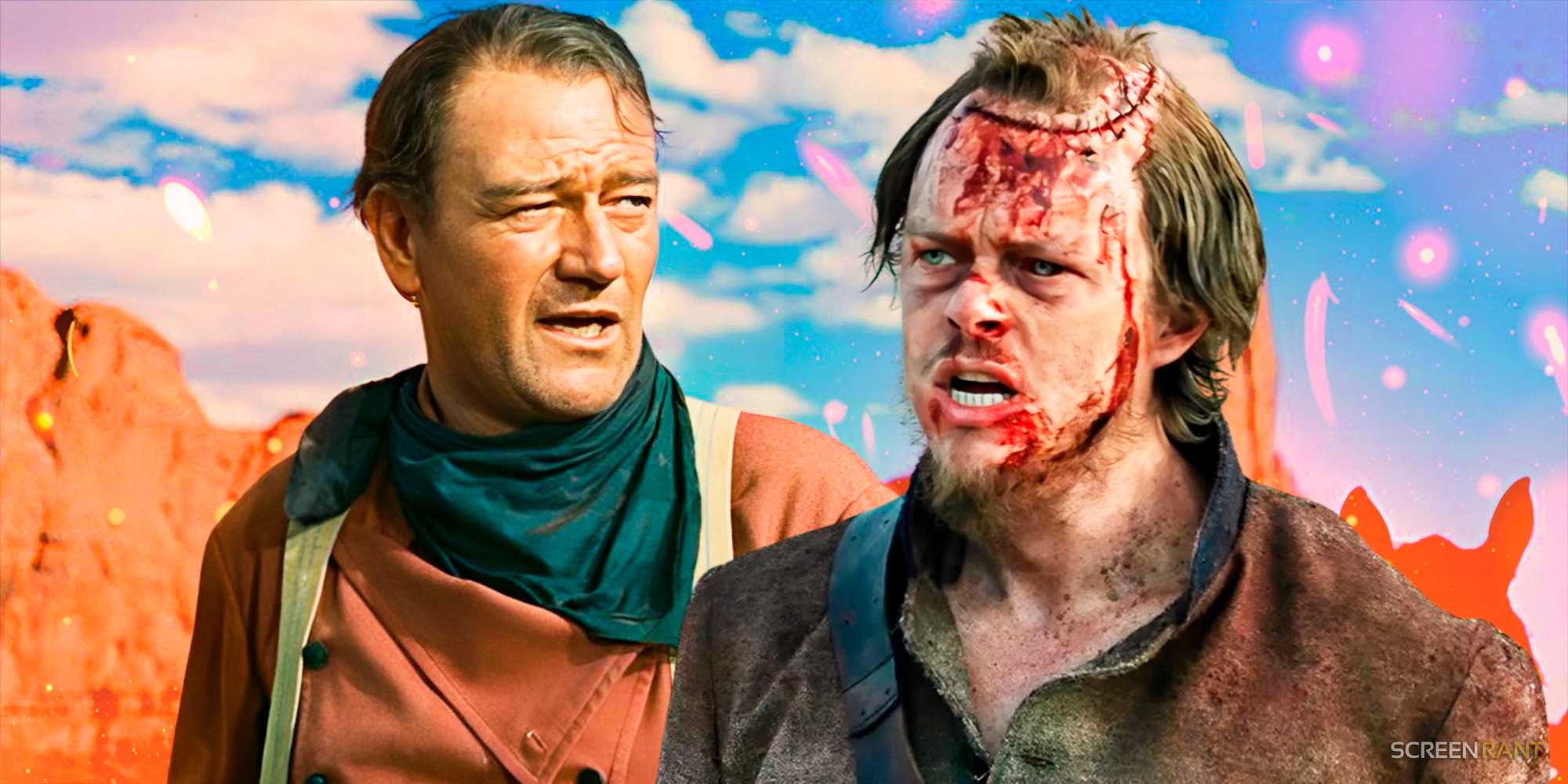 Джейкоб ДеХана с шрамом на голове в "American Primeval" с Джоном Уэном в роли Этана Эдвардса из "The Searchers"