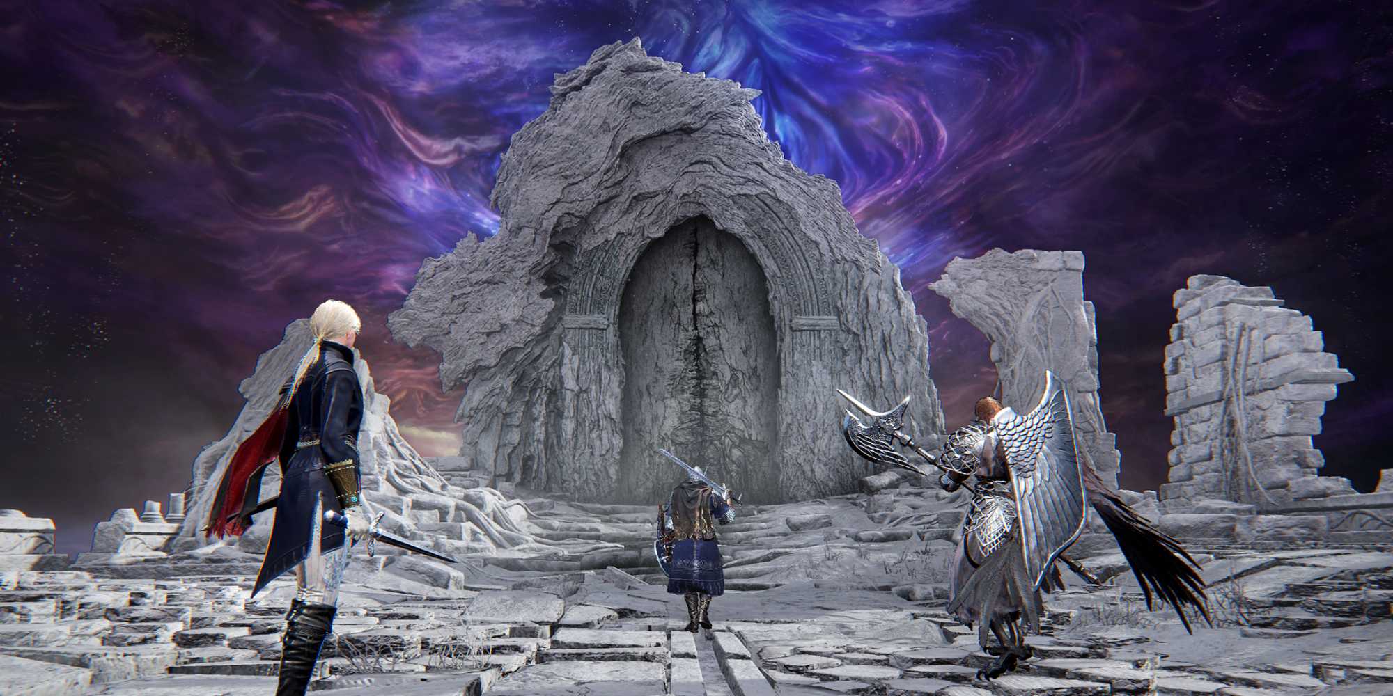 Recluse, Wylder, and Guardian approaching a large, gray, stone door in Elden Ring Nightreign.