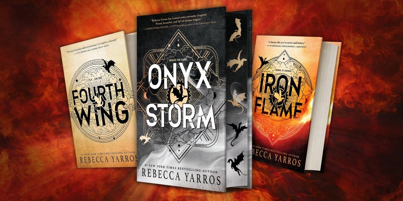 Обложки книг Fourth Wing, Iron Flame и Onyx Storm