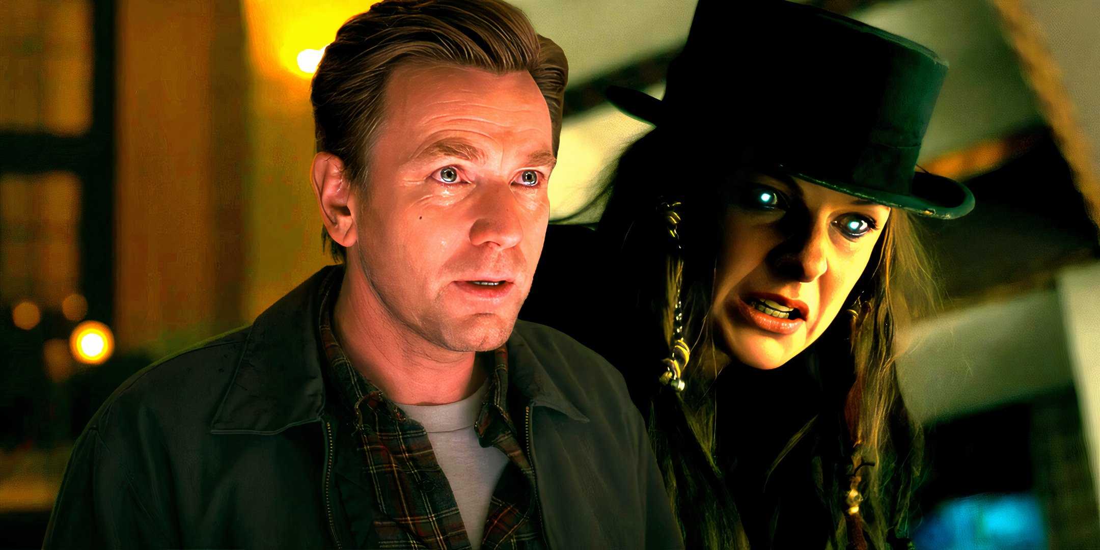 Эван Макгрегор в роли Дэни, выглядящий грустно, и Рекы Фергюсон в роли Розы, выглядящая сердито, с светящимися глазами в фильме "Доктор Слип"