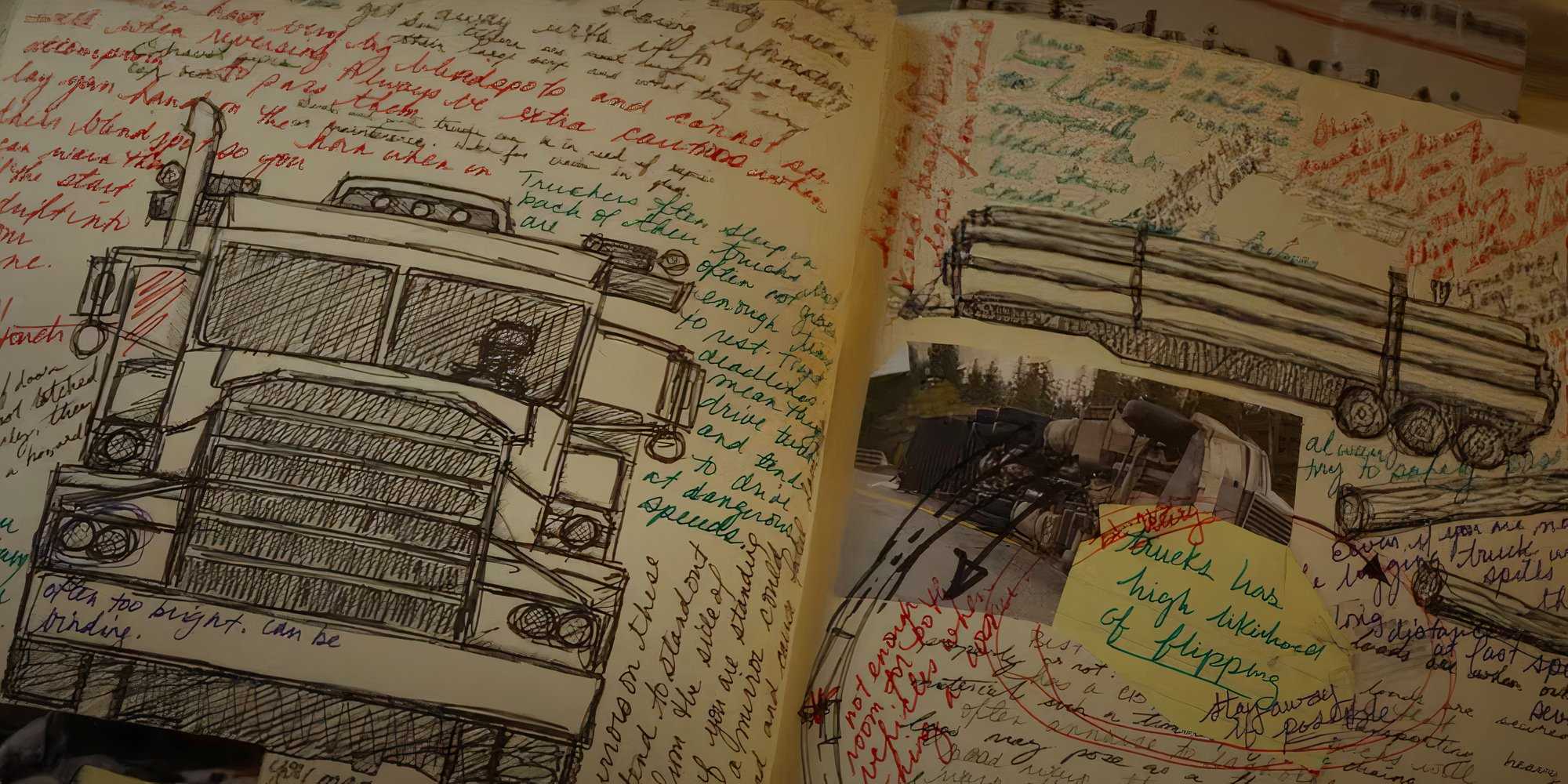 Открытая тетрадь с исписанными надписями в Final Destination Bloodlines