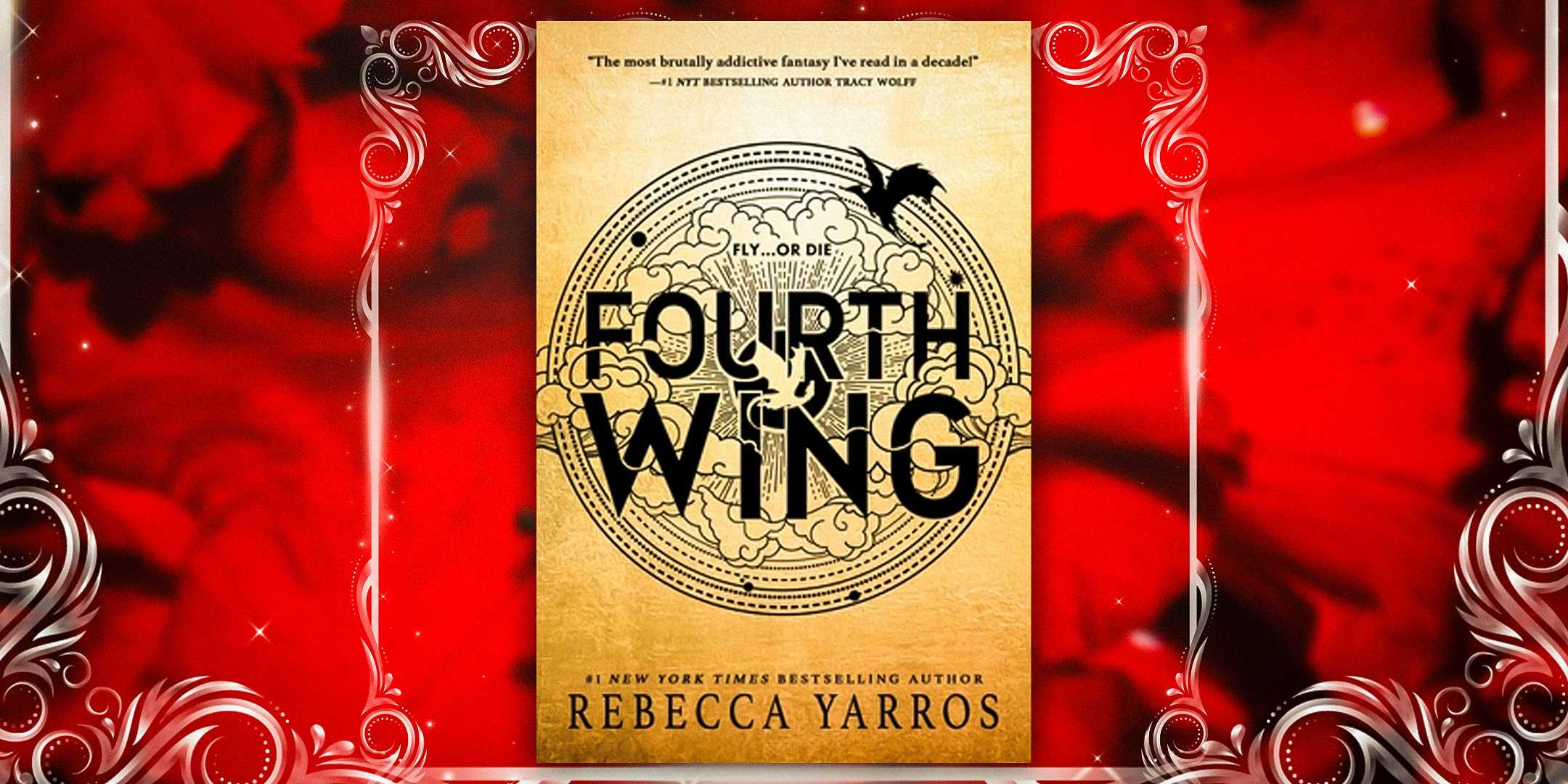 Fourth Wing by Rebecca Yarros against a red background with white designs on the edges
