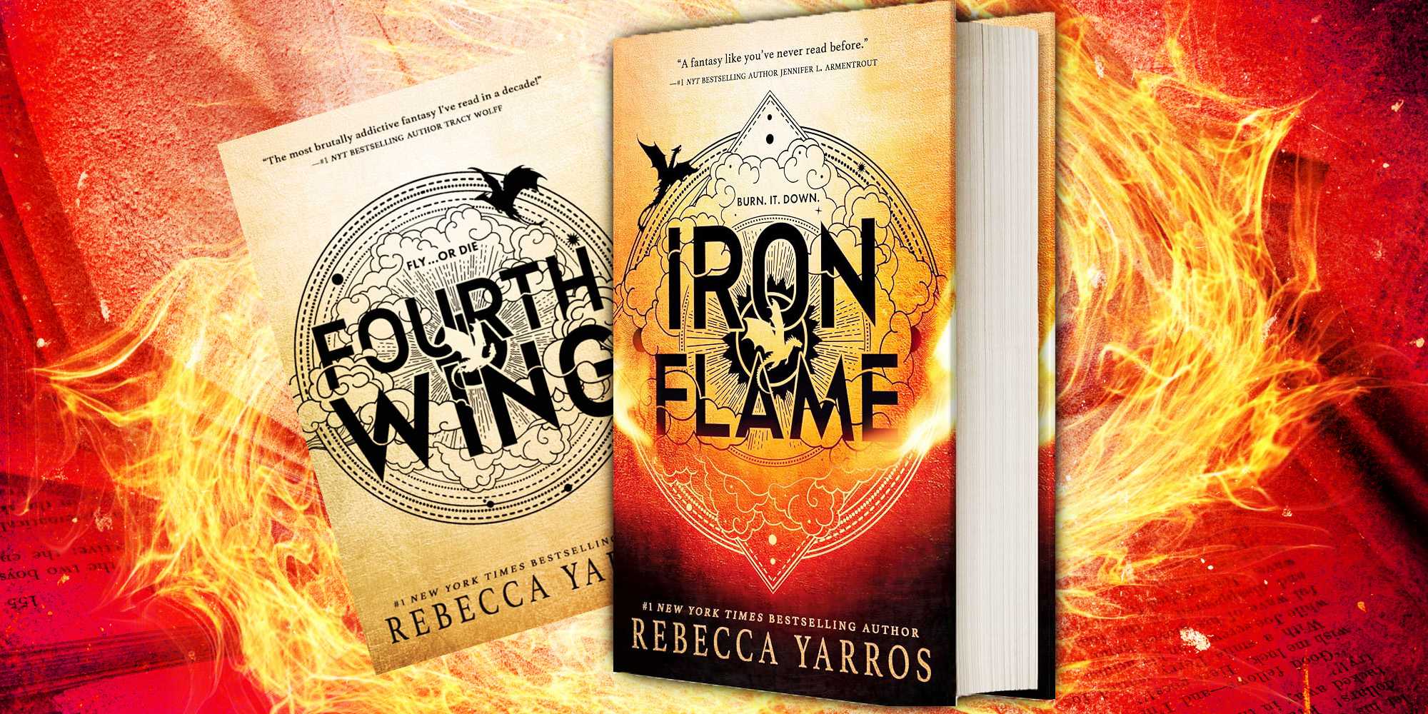 Книга "Железный огонь" и обложка книги "Fourth Wing" на фоне огня