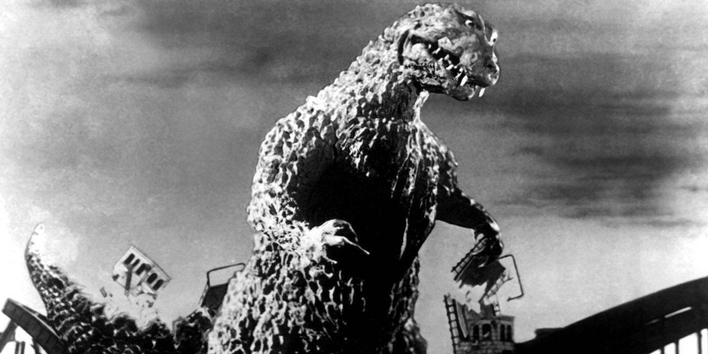 Godzilla walking on a bridge and destroying it in Godzilla (1954).