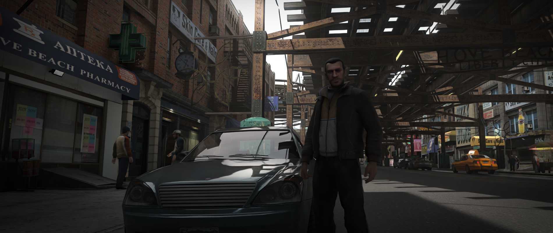 Nico стоит рядом с машиной в GTA 4 с установленным модом RTX Remix.