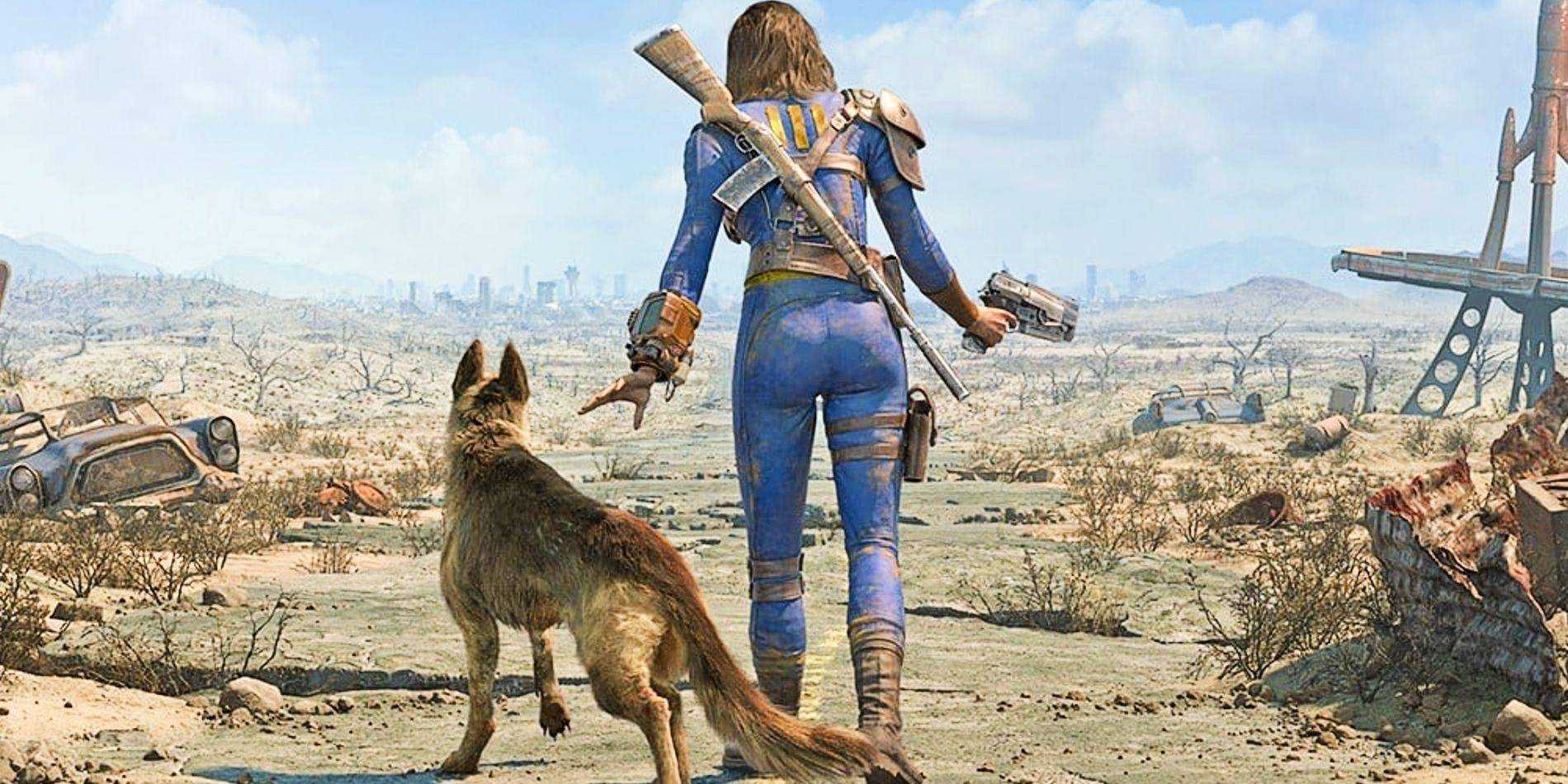 Персонаж "The Wanderer" и компаньон Dogmeat в Fallout 4