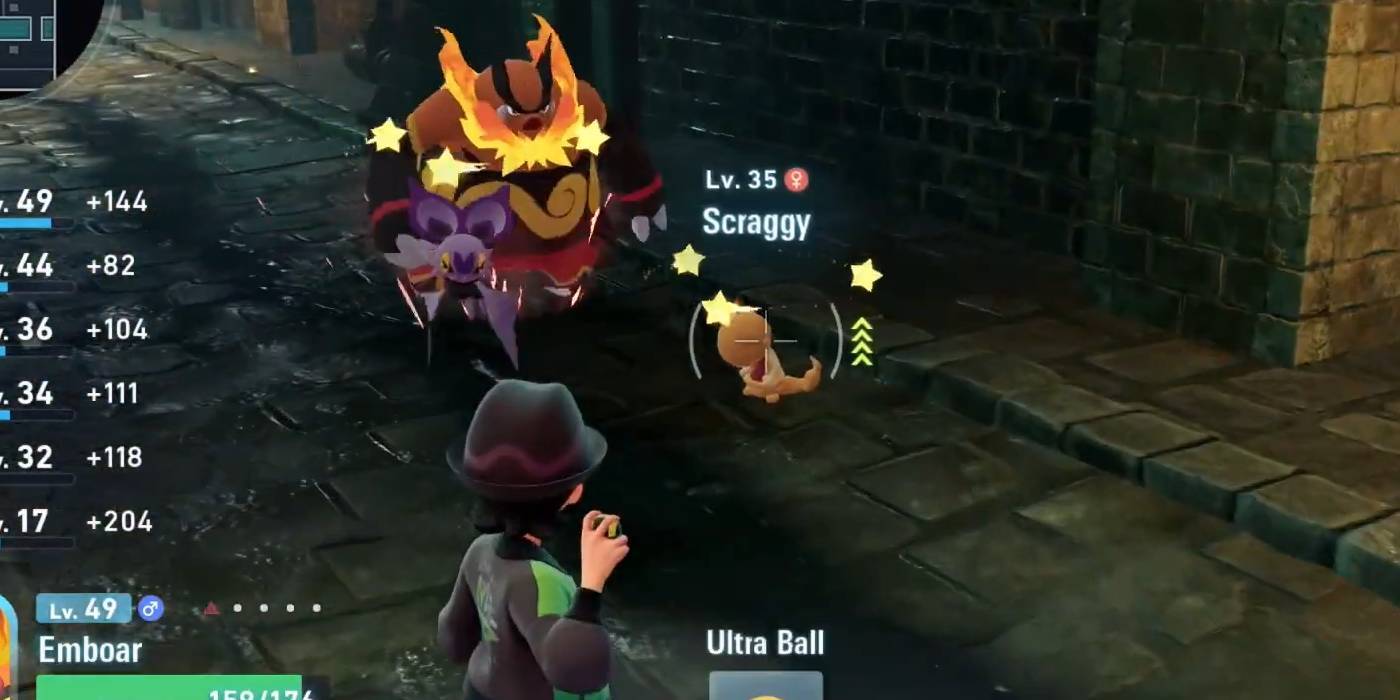Тренер в Pokémon Legends Z-A бросает ультра-мяч, чтобы поймать Scraggy