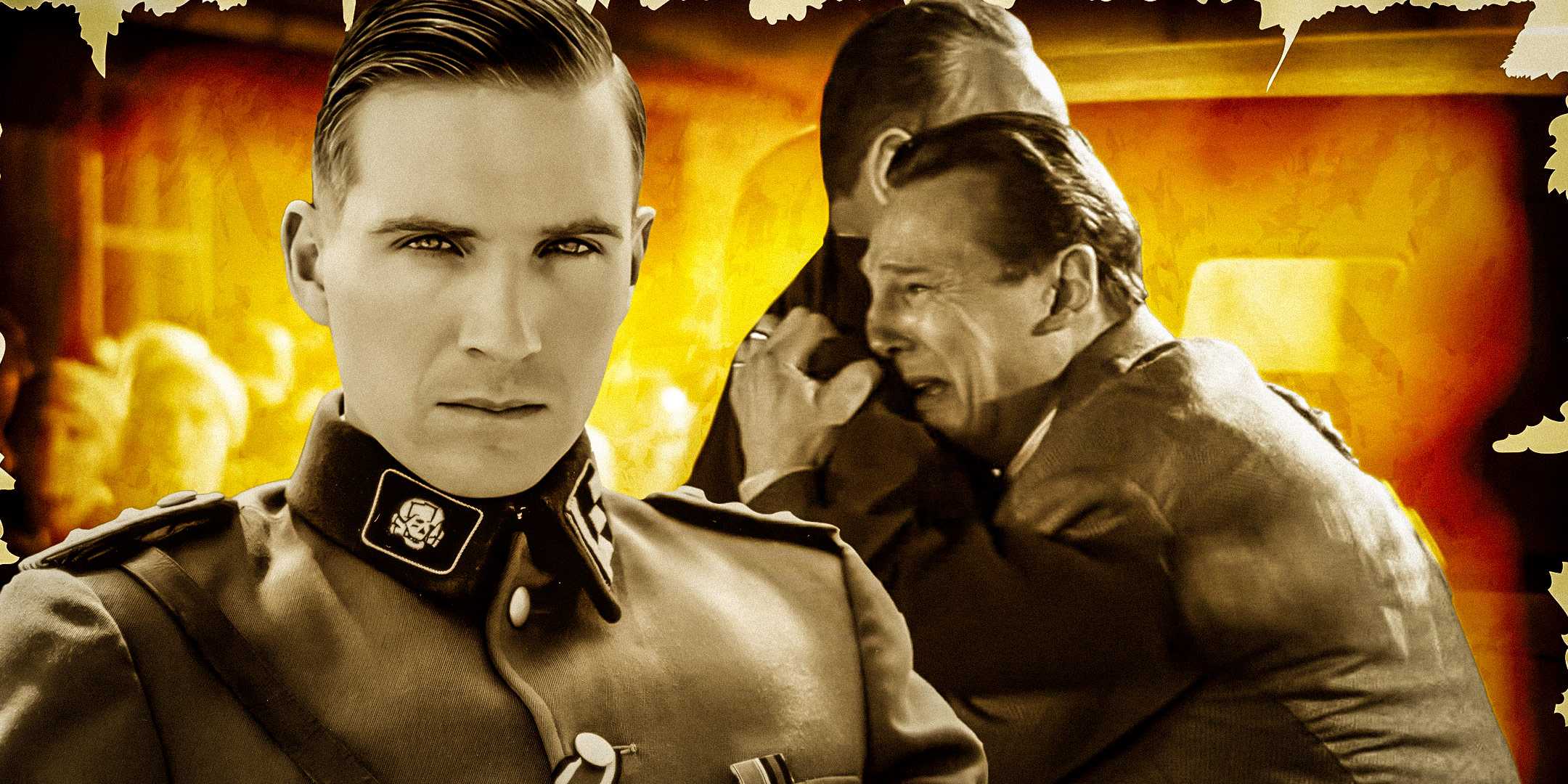 Вырез Амона Гёта (Ральфа Файнса) рядом с другим вырезом Оскара Шиндлера (Лиама Несона), обнимающего Ицхака Штерна (Бена Кинсли) на желтом фоне.