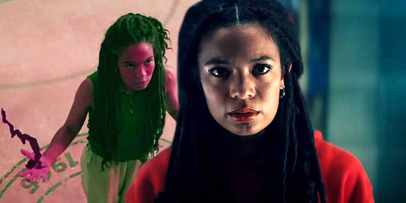 Композитное изображение, на котором Джаз Синклер стреляет кровью из рук и серьезно смотрит в Gen V