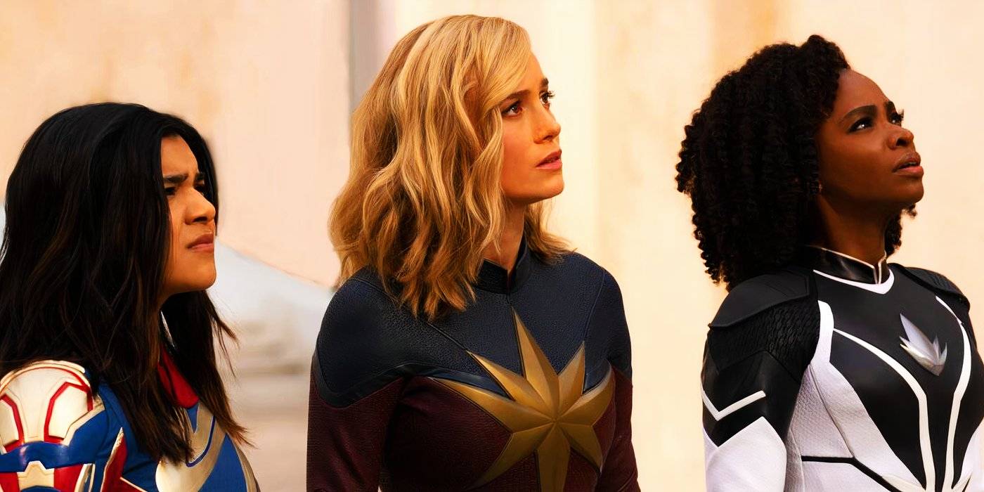 Камала Хан, Карл Дэверс и Моника Рэмбю, смотрящие вверх в фильме "The Marvels"