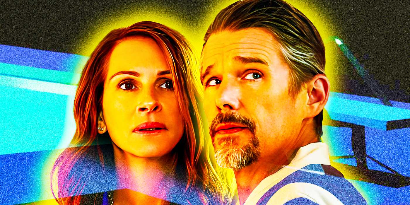 Коллаж с Джулией Робертс и Этаном Хэуком из фильма Netflix "Оставьте мир позади", на котором изображен бассейн из книги, используемый в качестве фона