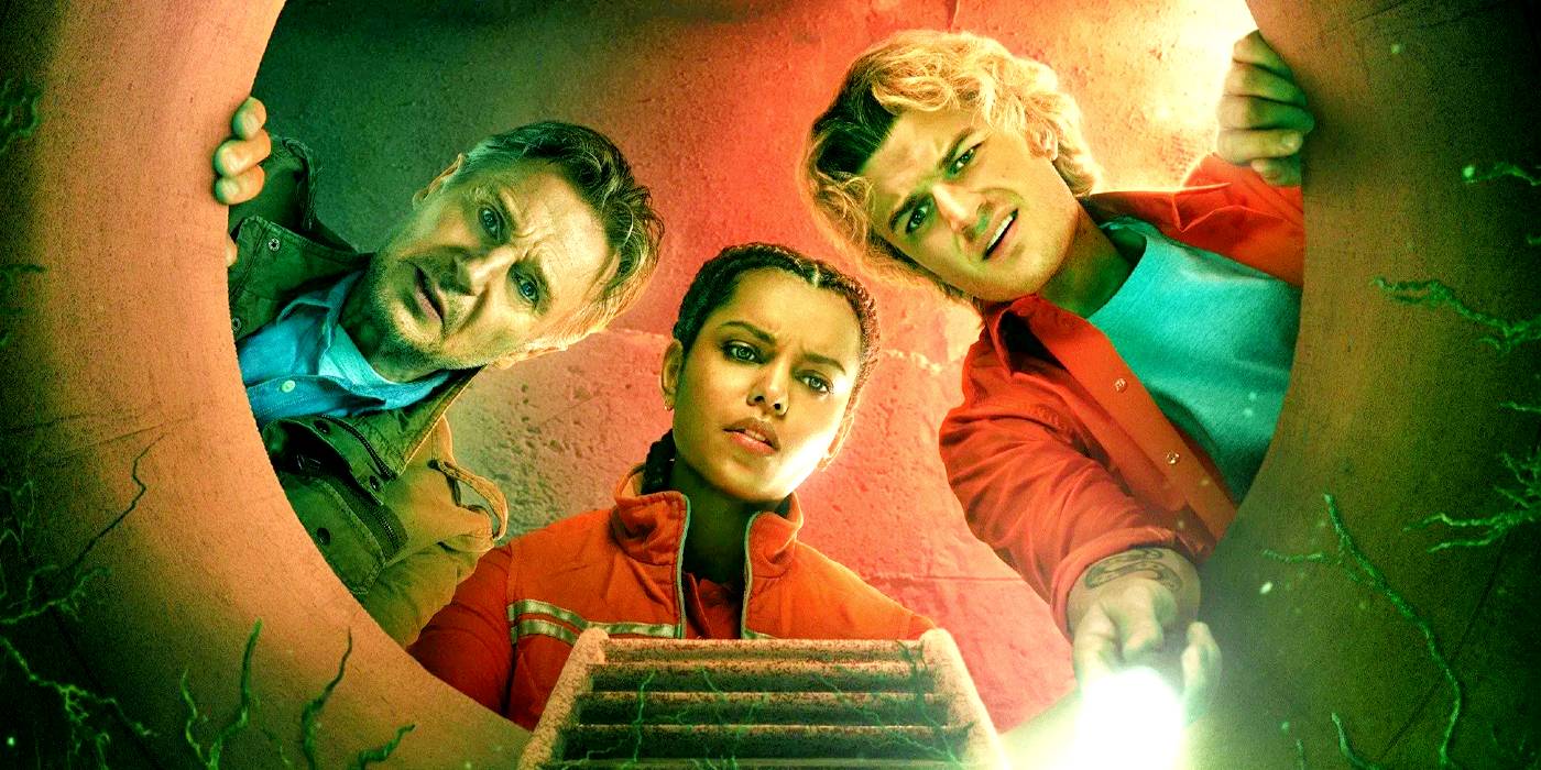 Лиам Нисон, Джорджина Кэмпбелл и Джо Кири смотрят в яму на постера "Холодное хранилище"