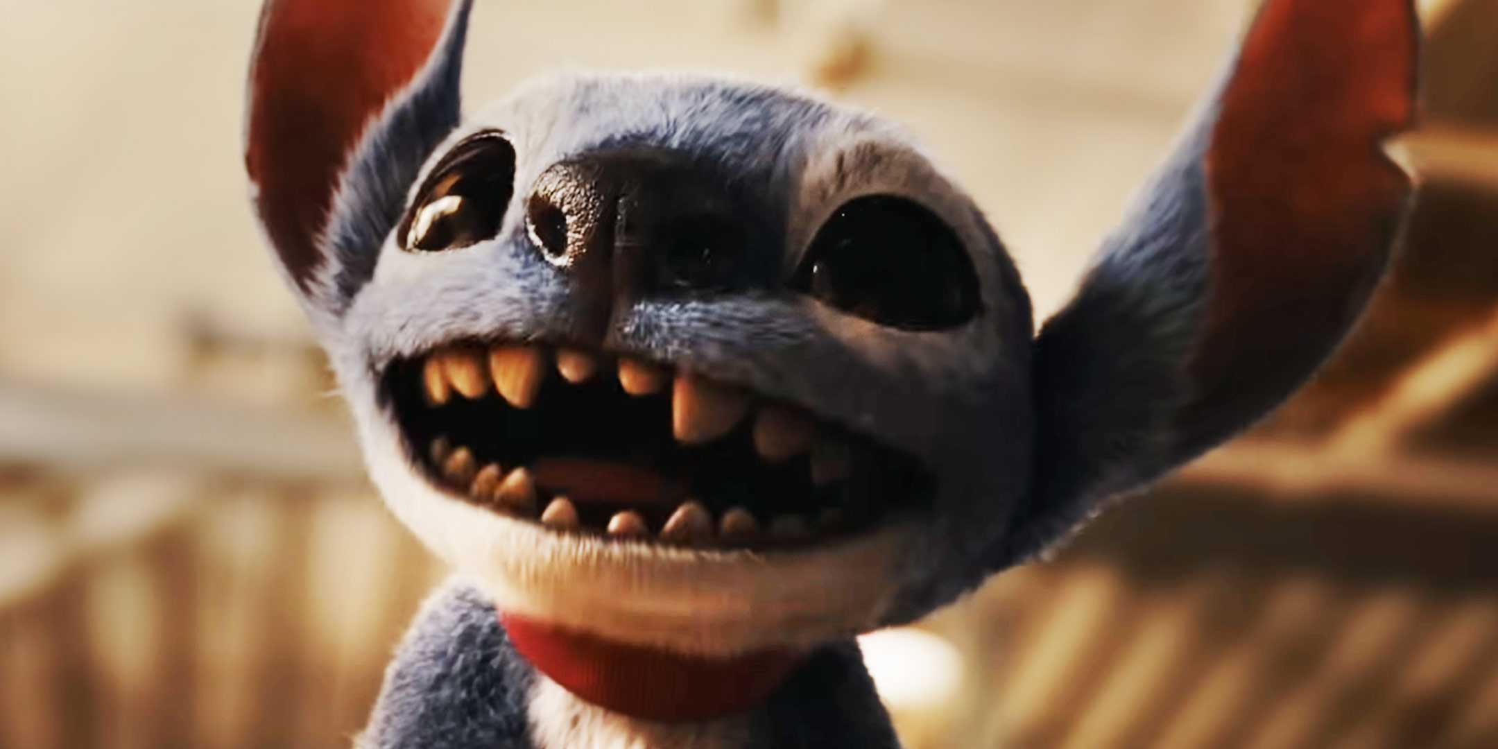 Стич смотрит вверх на кого-то в живом-дей версии Lilo & Stitch