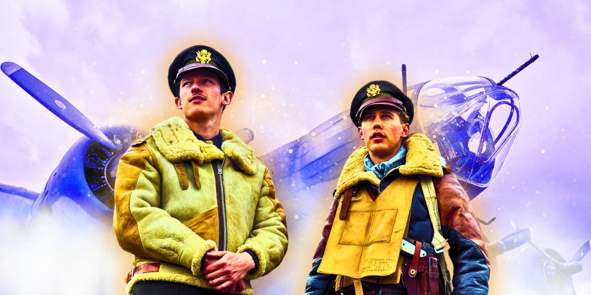 Калум Тернер и Остин Бътлер перед самолетом в Masters of the Air