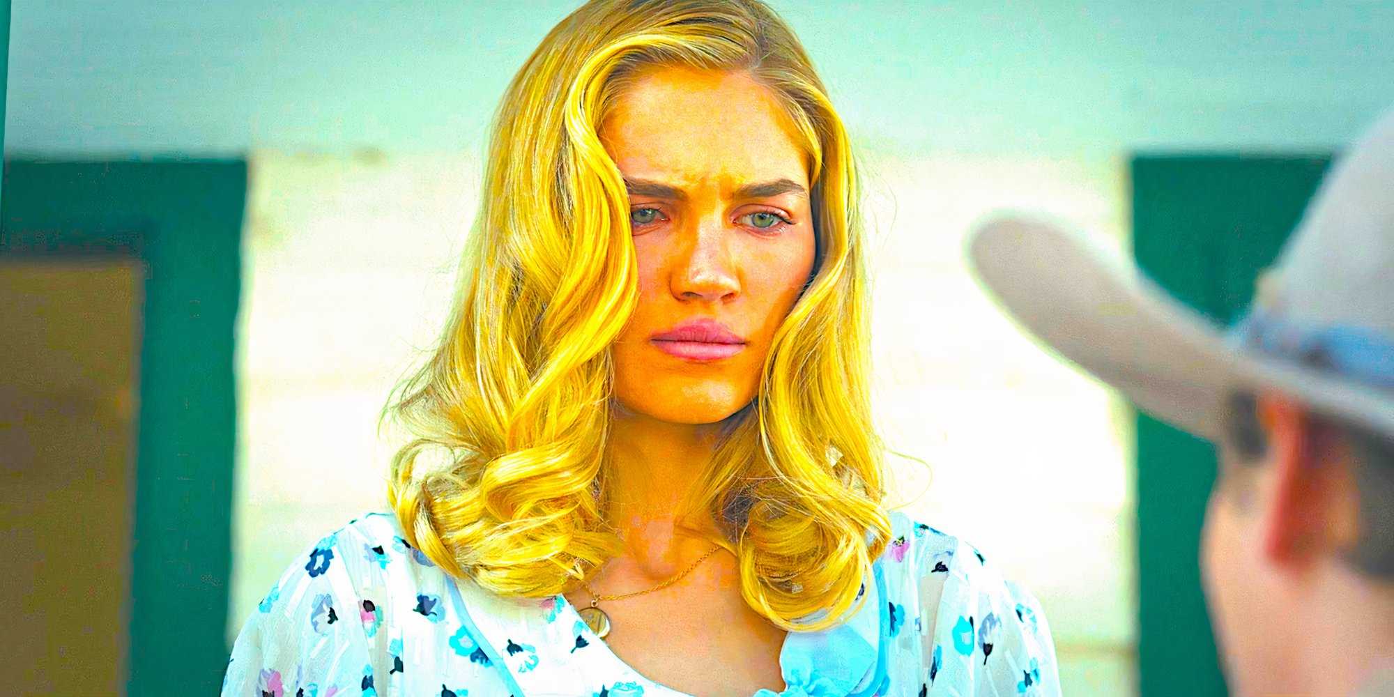 Мишель Рандолф смотрит вниз с серьезным выражением лица в сцене из 1 сезона сериала 1923