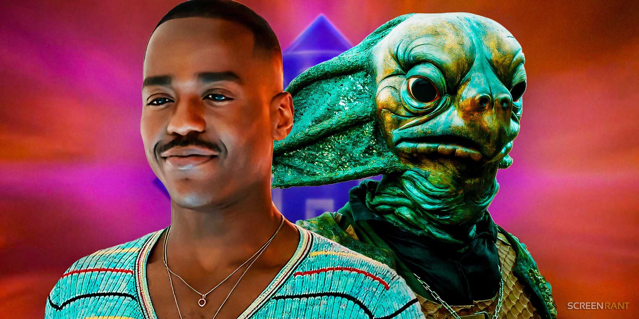 Нкути Гатва в роли пятнадцатого Доктора и морского демона перед логотипом *Доктора Кто*