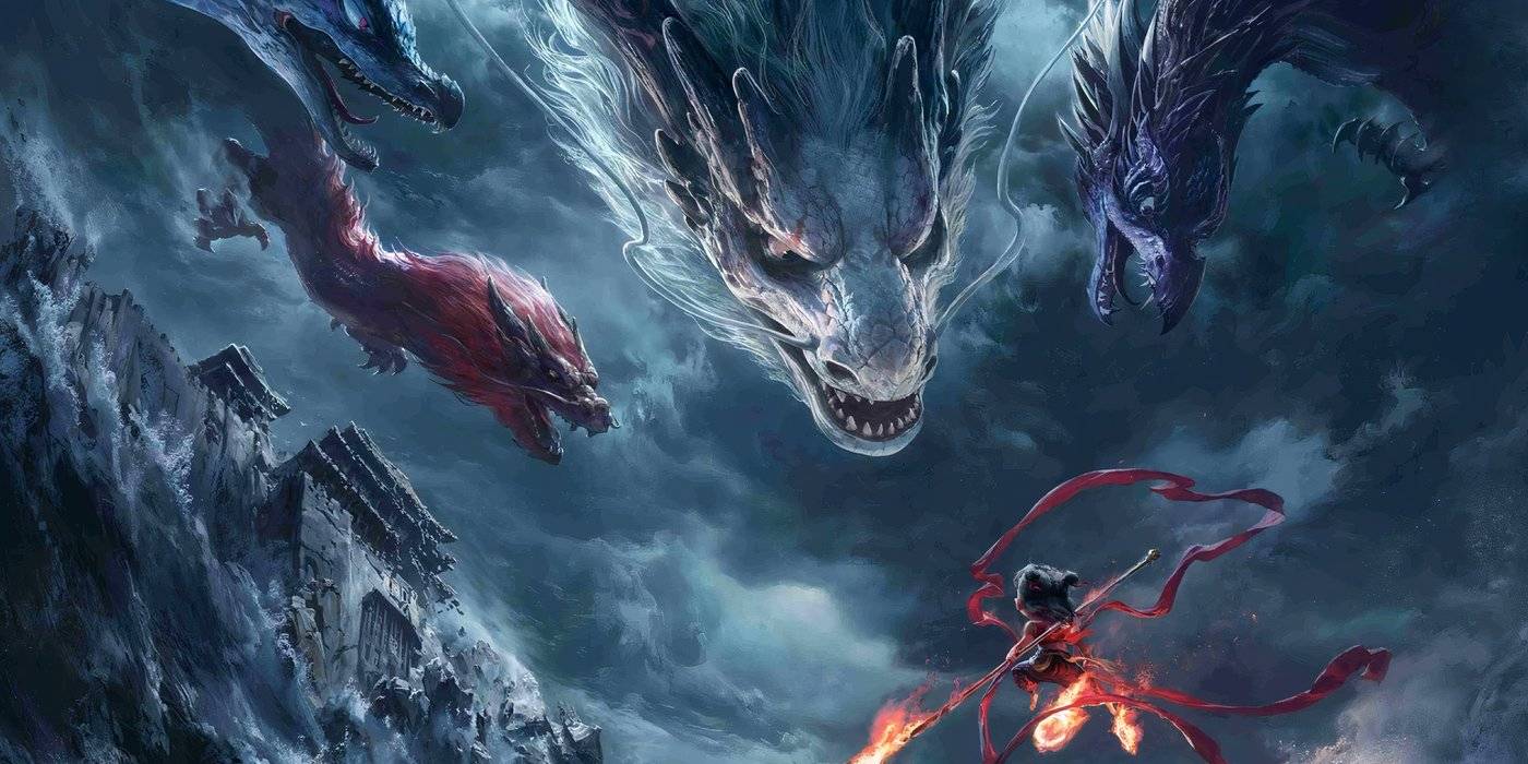 Персонаж сражается с драконом в Ne Zha 2