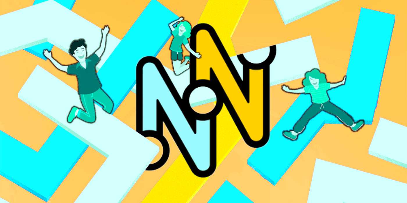 Логотип игры NYT Strands с персонажами, прыгающими вокруг