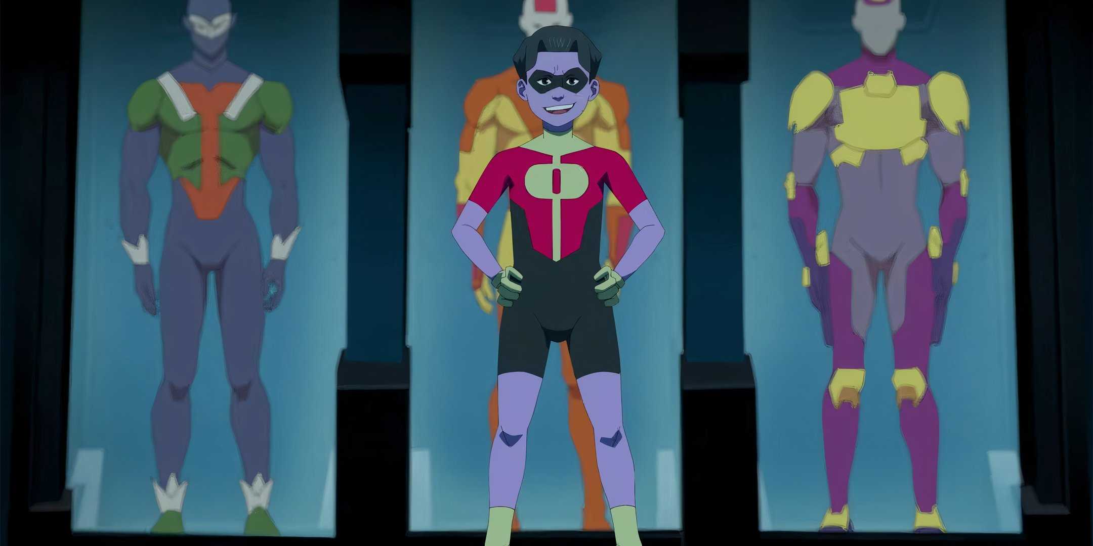 Оливер позирует в своем костюме Kid Omni-Man в 3 сезоне Invincible