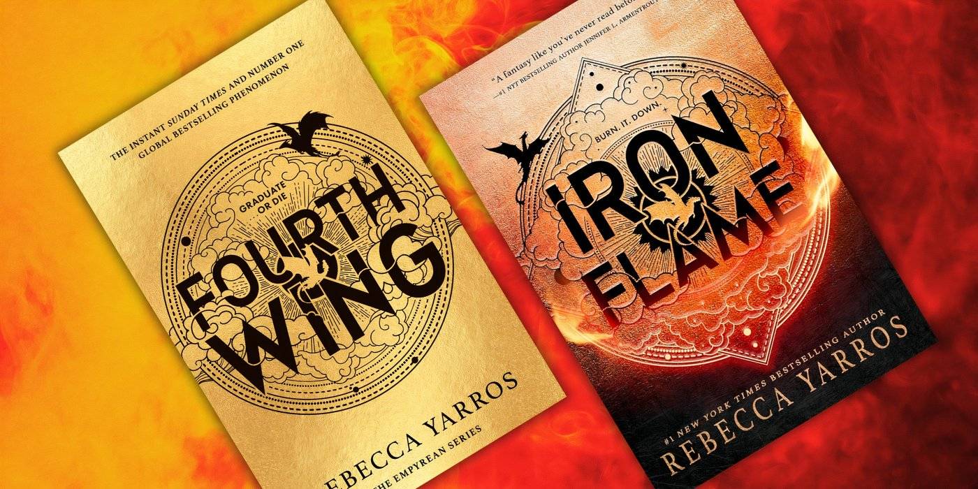 Обложки книг "Fourth Wing" и "Iron Flame" Ребекки Яро, на красном фоне.