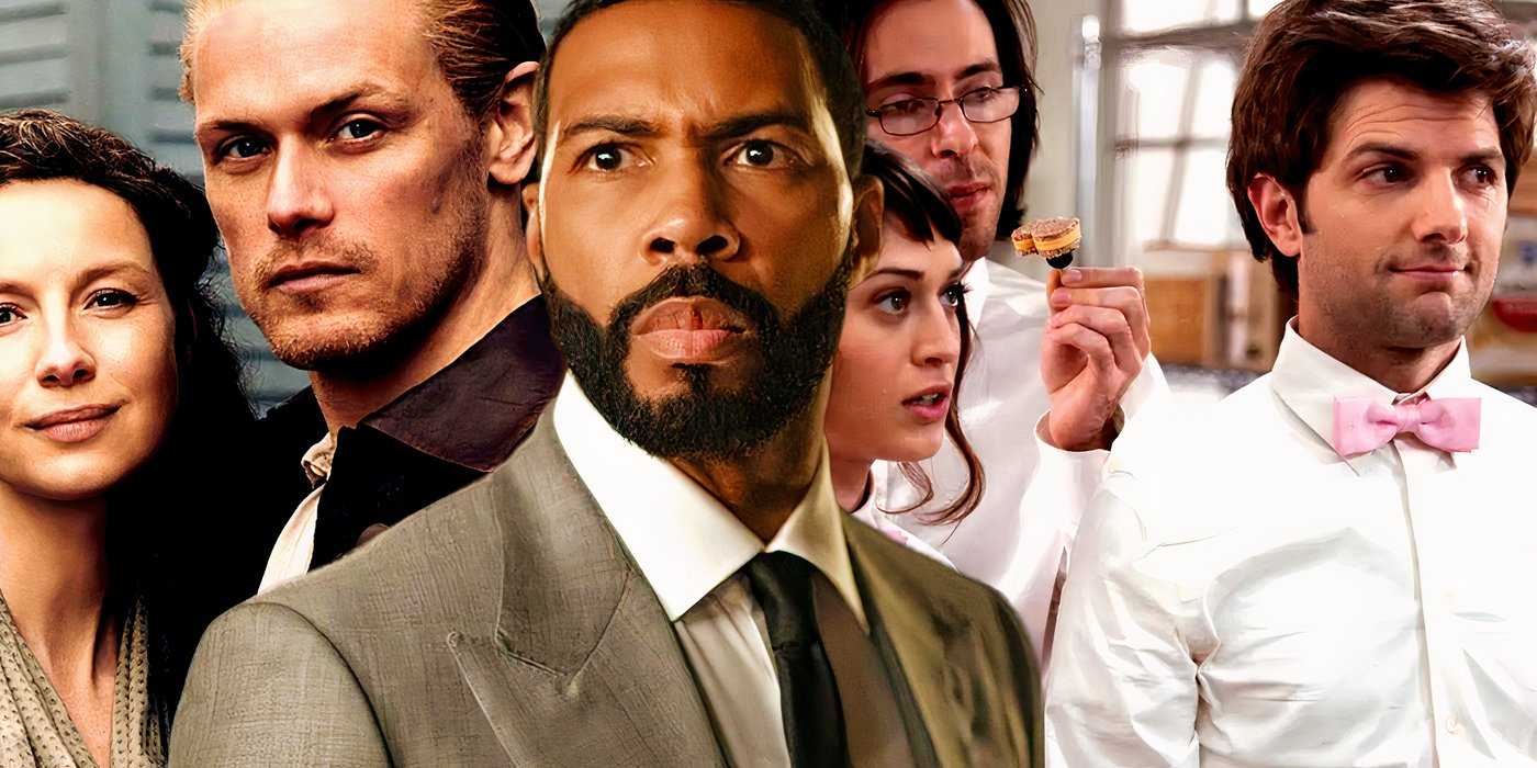 Коллаж персонажей из Outlander, Power и Party Down