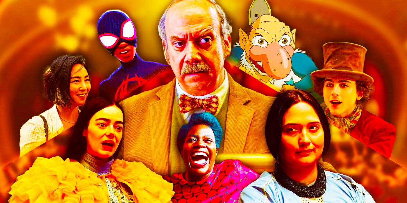 Пол Джаматти окружен Эммой Стоун, Гретой Ли, Майлзом Моралесом, Тимоти Шаламе, Лили Глэдстон и Фантазией