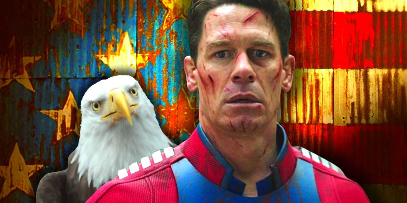 Коллаж с Джоном Синой и Eagly на фоне американского флага в Peacemaker