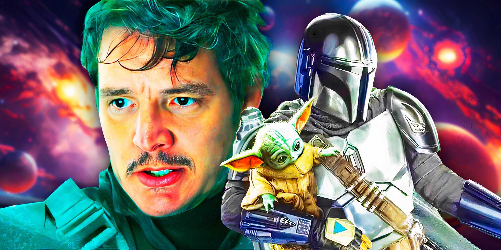 Дин Д'Арин (Педро Паскаль) после снятия шлема на Мораке, отредактированное изображение с Дин, держащим Груго, на постере к 3-му сезону *The Mandalorian*.