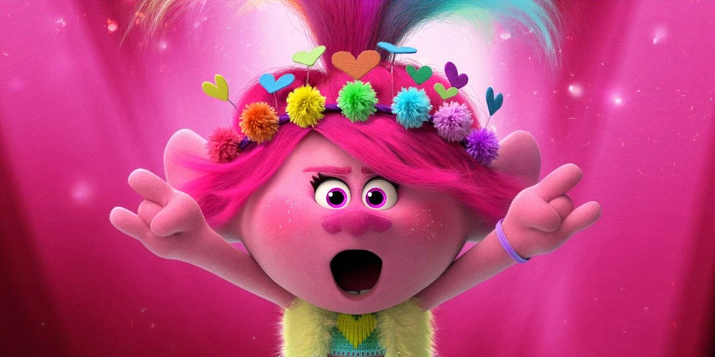 Поппи, играющая на гитаре в фильме "Trolls Band Together".