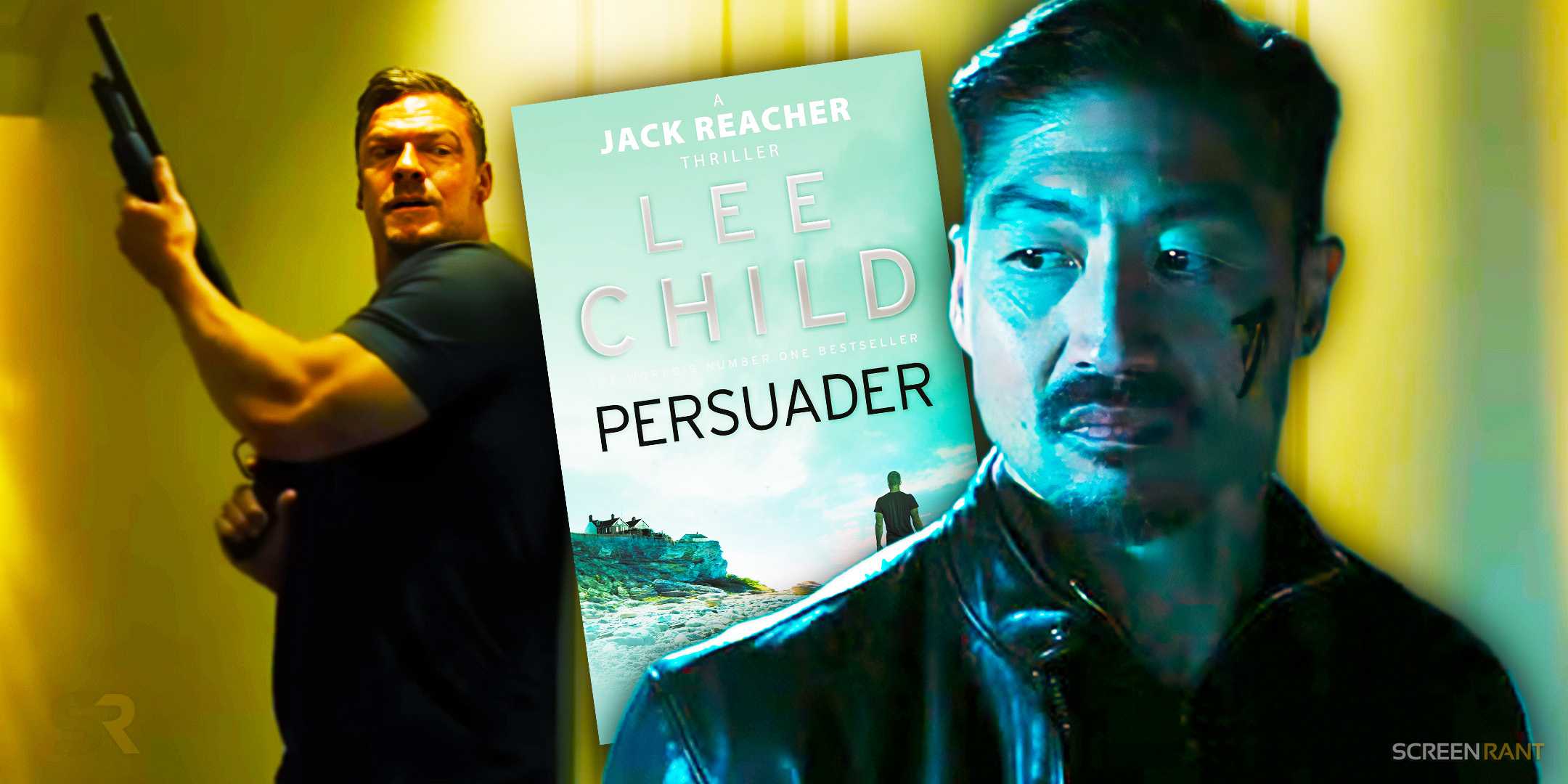 Джек Рейчер держит дробовик Mossberg Persuader, а Квин (Брайан Ти) выглядит нервным